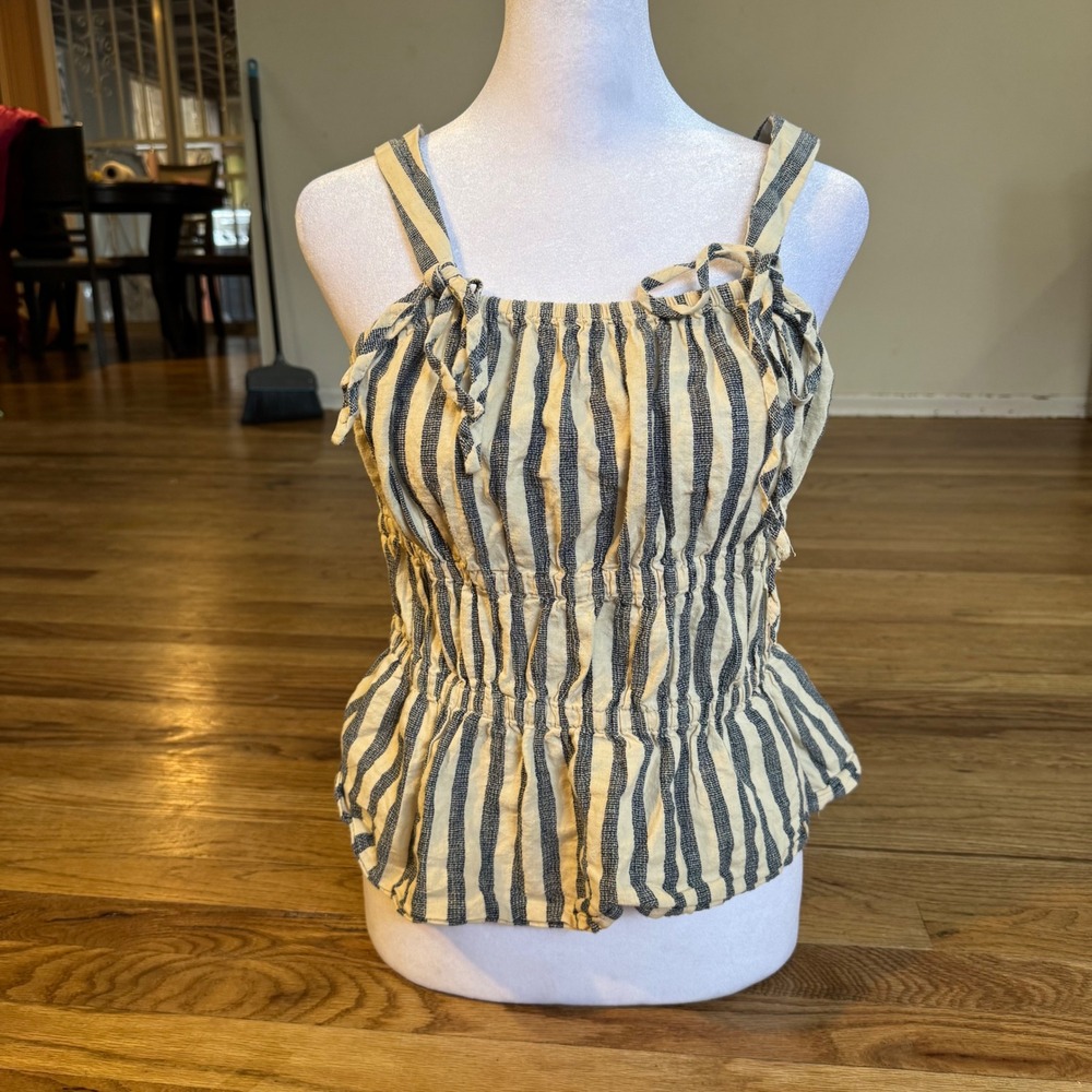 Universal Thread Striped Smocked Peplum Cami Top Blue Cream Linen Blend Medium